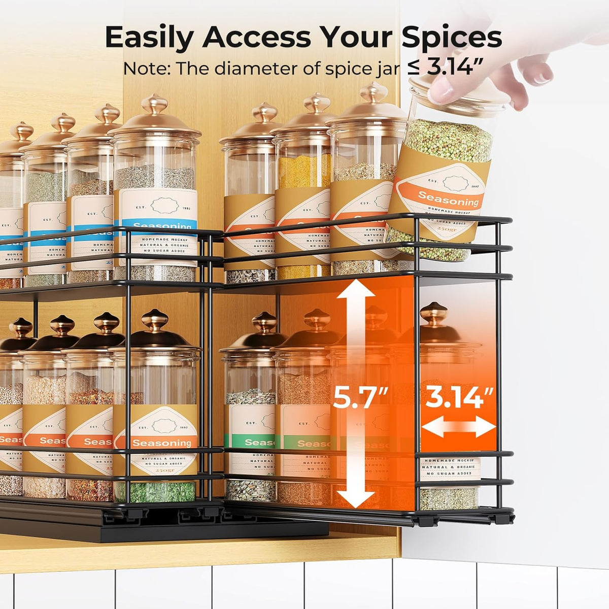 Pull Out Spice Rack Organizer for Cabinet, Slide Out Spice Racks, Easy to Install Spice Cabinet Organizers, 7.4" Wx10.43 Dx8.26 H, 3 Drawers 2 Tiers(Black)