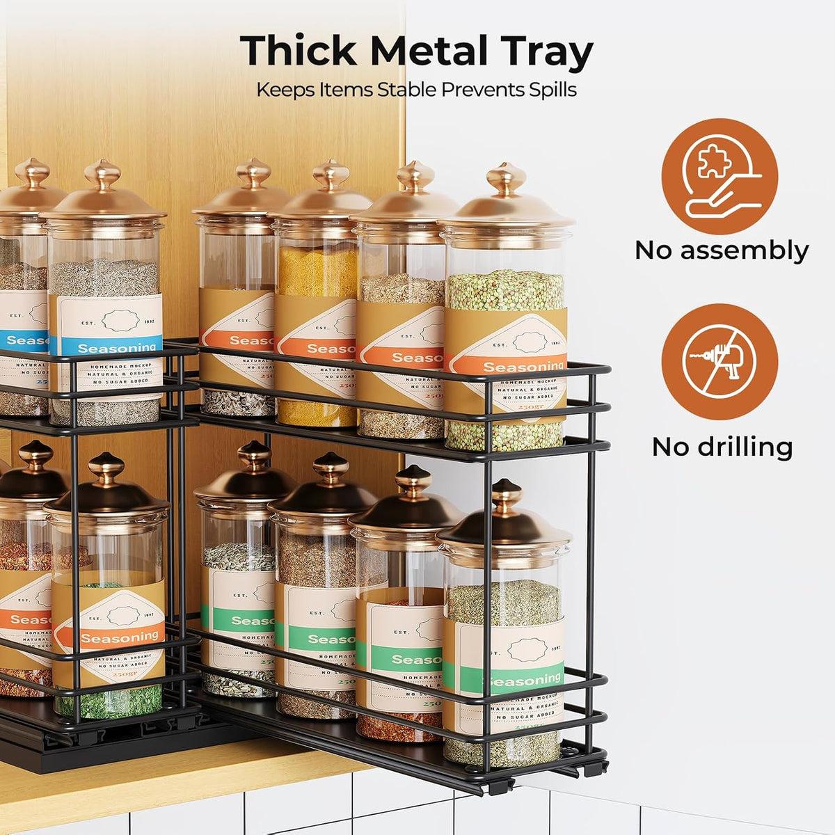 Pull Out Spice Rack Organizer for Cabinet, Slide Out Spice Racks, Easy to Install Spice Cabinet Organizers, 7.4" Wx10.43 Dx8.26 H, 3 Drawers 2 Tiers(Black)