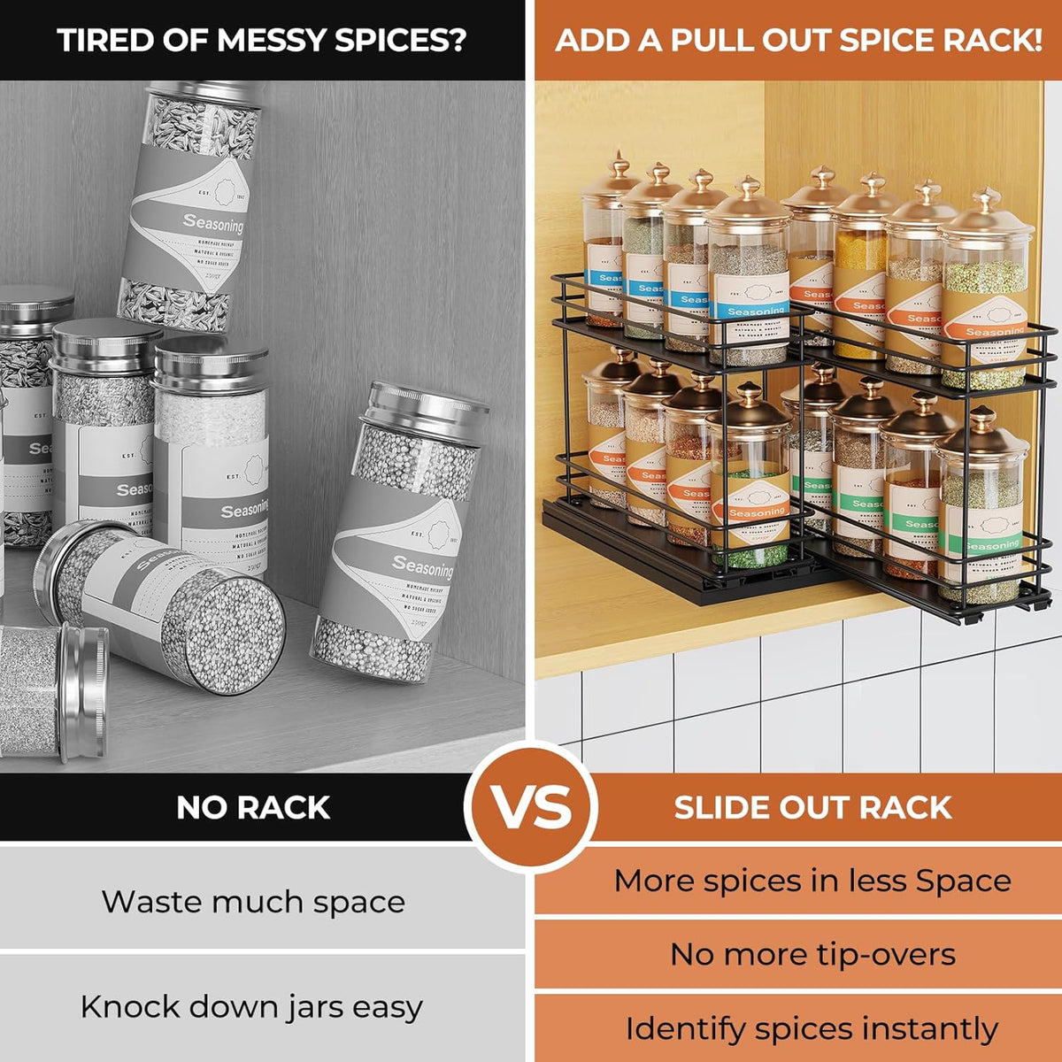 Pull Out Spice Rack Organizer for Cabinet, Slide Out Spice Racks, Easy to Install Spice Cabinet Organizers, 7.4" Wx10.43 Dx8.26 H, 3 Drawers 2 Tiers(Black)