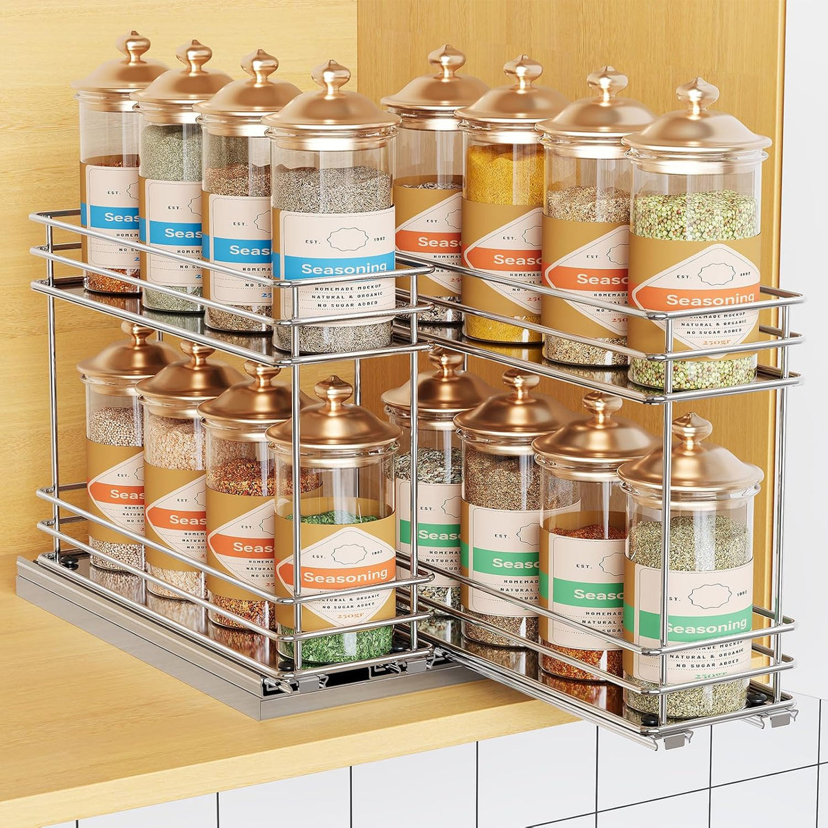 Pull Out Spice Rack Organizer for Cabinet, Slide Out Spice Racks, Easy to Install Spice Cabinet Organizers, 7.4" Wx10.43 Dx8.26 H, 3 Drawers 2 Tiers(Black)