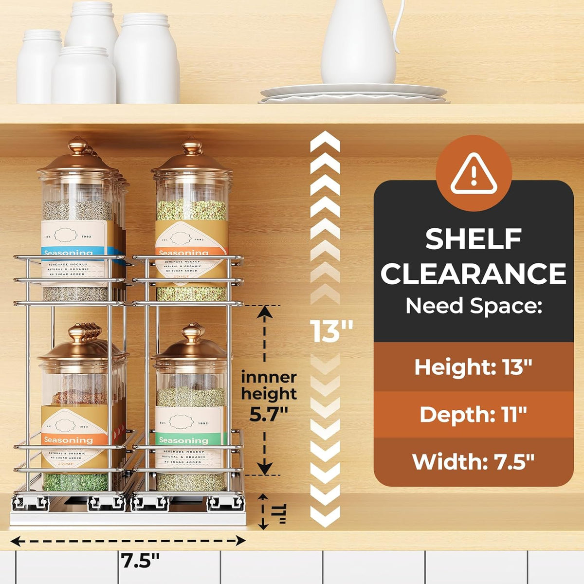 Pull Out Spice Rack Organizer for Cabinet, Slide Out Spice Racks, Easy to Install Spice Cabinet Organizers, 7.4" Wx10.43 Dx8.26 H, 3 Drawers 2 Tiers(Black)