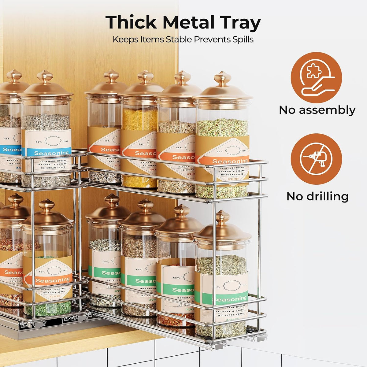 Pull Out Spice Rack Organizer for Cabinet, Slide Out Spice Racks, Easy to Install Spice Cabinet Organizers, 7.4" Wx10.43 Dx8.26 H, 3 Drawers 2 Tiers(Black)