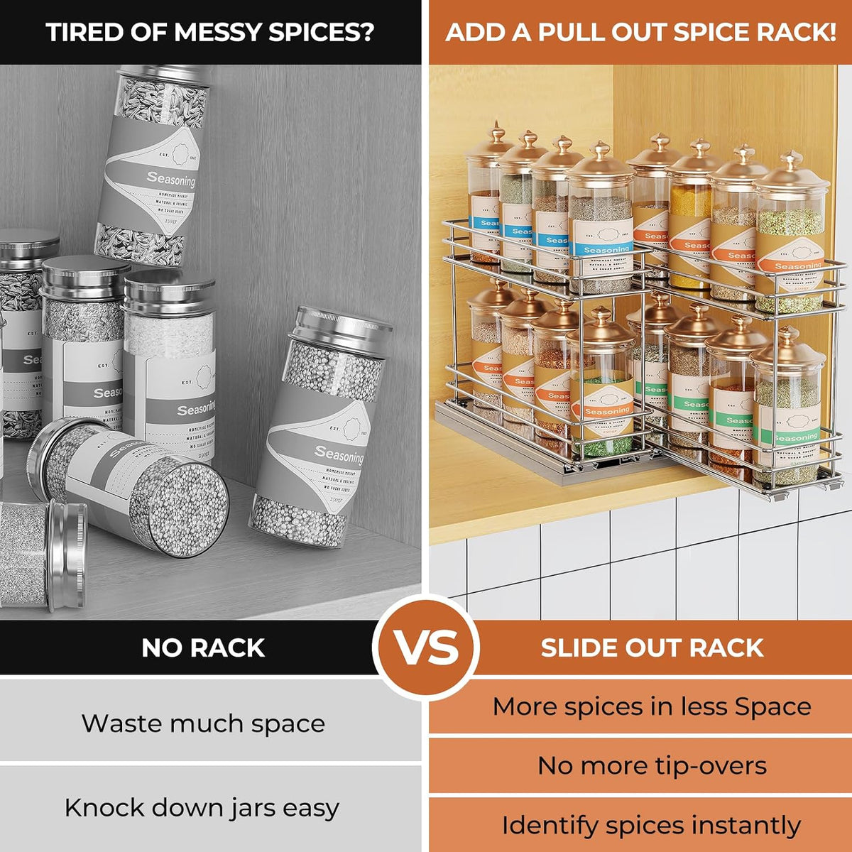Pull Out Spice Rack Organizer for Cabinet, Slide Out Spice Racks, Easy to Install Spice Cabinet Organizers, 7.4" Wx10.43 Dx8.26 H, 3 Drawers 2 Tiers(Black)