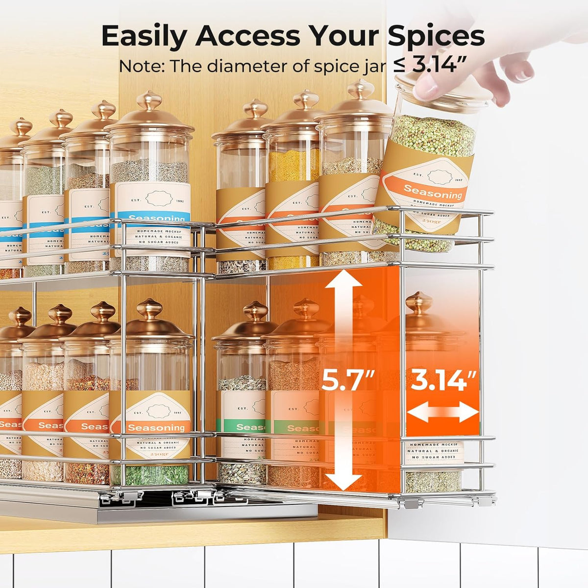 Pull Out Spice Rack Organizer for Cabinet, Slide Out Spice Racks, Easy to Install Spice Cabinet Organizers, 7.4" Wx10.43 Dx8.26 H, 3 Drawers 2 Tiers(Black)