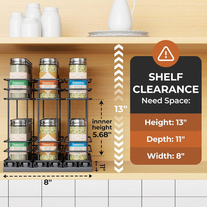 Pull Out Spice Rack Organizer for Cabinet, Slide Out Spice Racks, Easy to Install Spice Cabinet Organizers, 7.4" Wx10.43 Dx8.26 H, 3 Drawers 2 Tiers(Black)