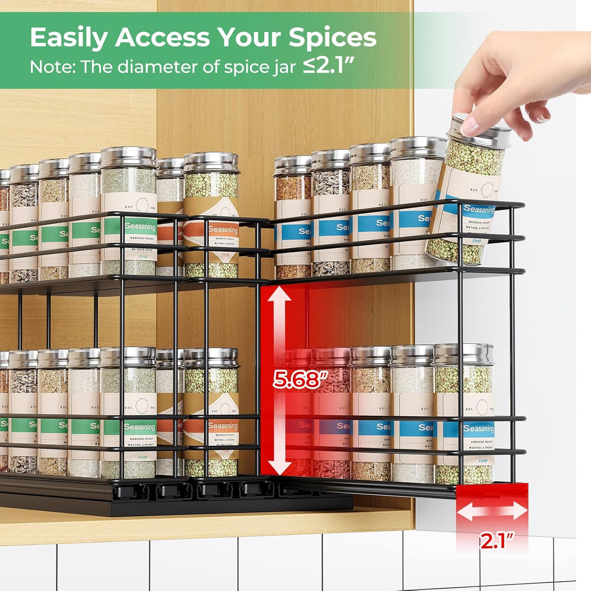 Pull Out Spice Rack Organizer for Cabinet, Slide Out Spice Racks, Easy to Install Spice Cabinet Organizers, 7.4" Wx10.43 Dx8.26 H, 3 Drawers 2 Tiers(Black)