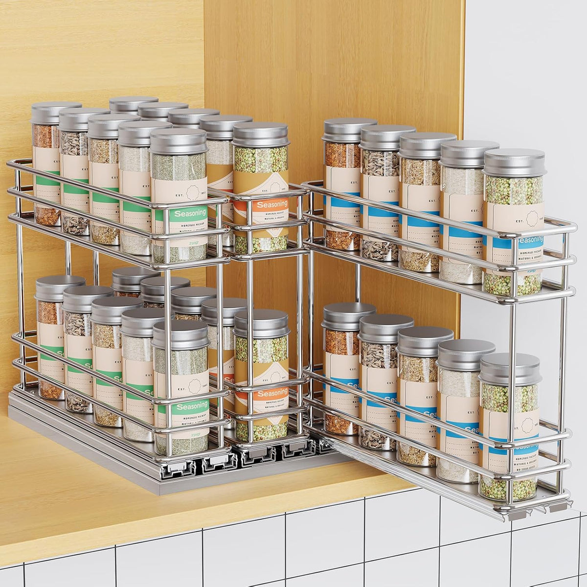 Pull Out Spice Rack Organizer for Cabinet, Slide Out Spice Racks, Easy to Install Spice Cabinet Organizers, 7.4" Wx10.43 Dx8.26 H, 3 Drawers 2 Tiers(Black)