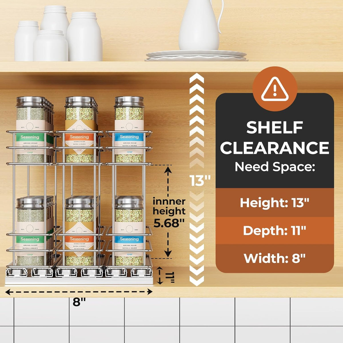 Pull Out Spice Rack Organizer for Cabinet, Slide Out Spice Racks, Easy to Install Spice Cabinet Organizers, 7.4" Wx10.43 Dx8.26 H, 3 Drawers 2 Tiers(Black)