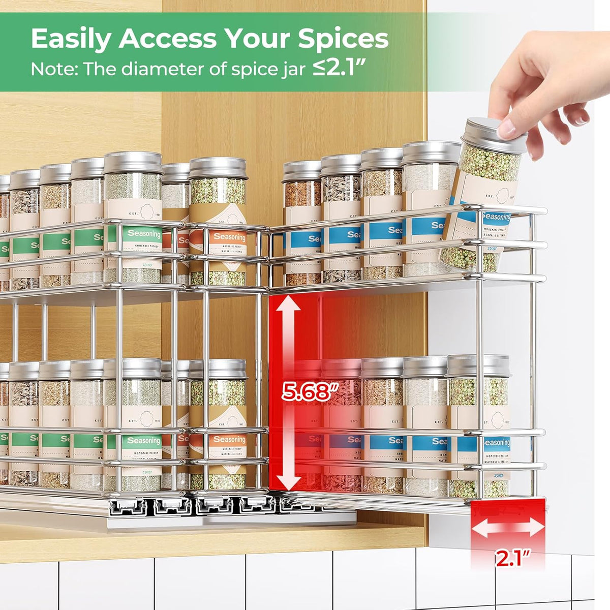 Pull Out Spice Rack Organizer for Cabinet, Slide Out Spice Racks, Easy to Install Spice Cabinet Organizers, 7.4" Wx10.43 Dx8.26 H, 3 Drawers 2 Tiers(Black)