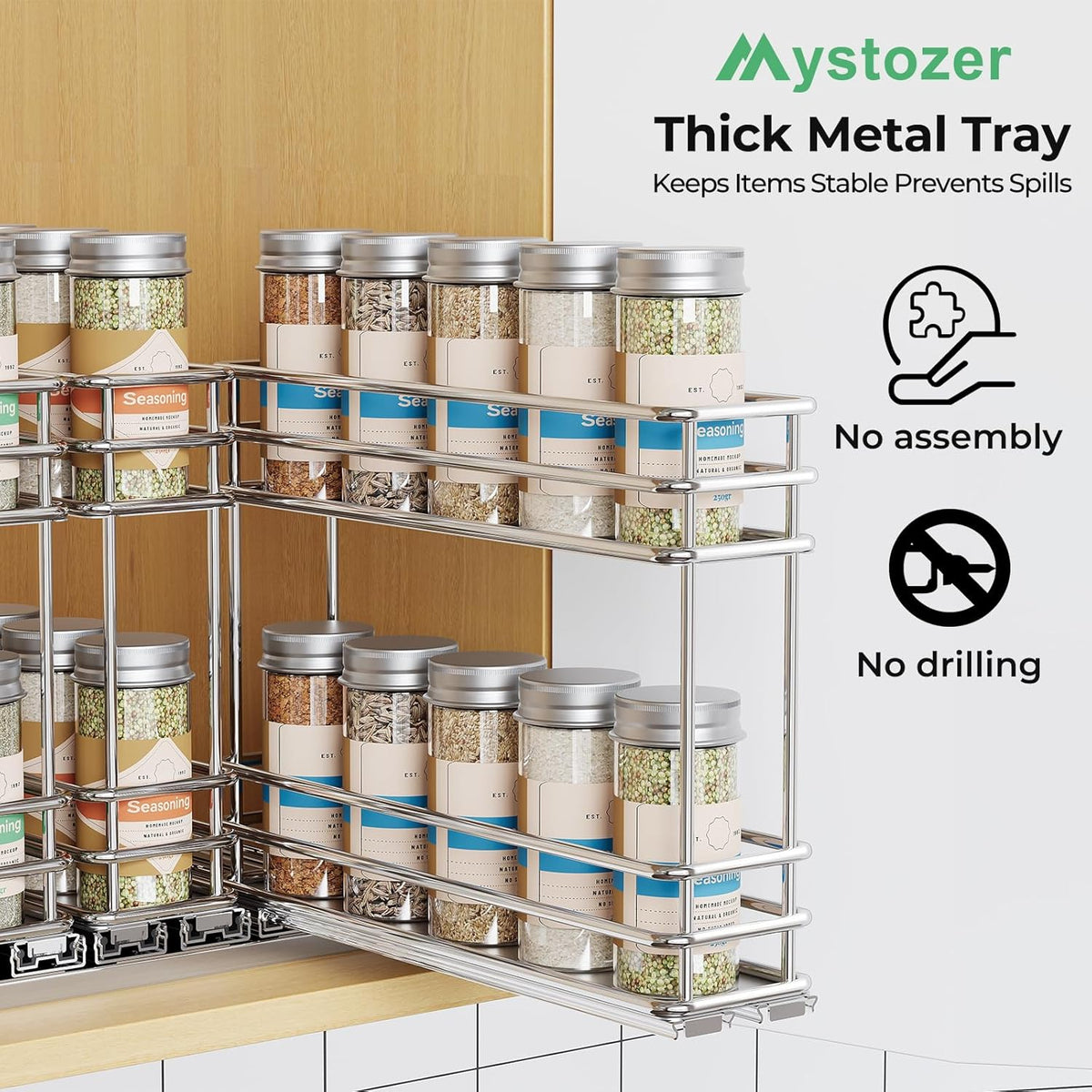 Pull Out Spice Rack Organizer for Cabinet, Slide Out Spice Racks, Easy to Install Spice Cabinet Organizers, 7.4" Wx10.43 Dx8.26 H, 3 Drawers 2 Tiers(Black)