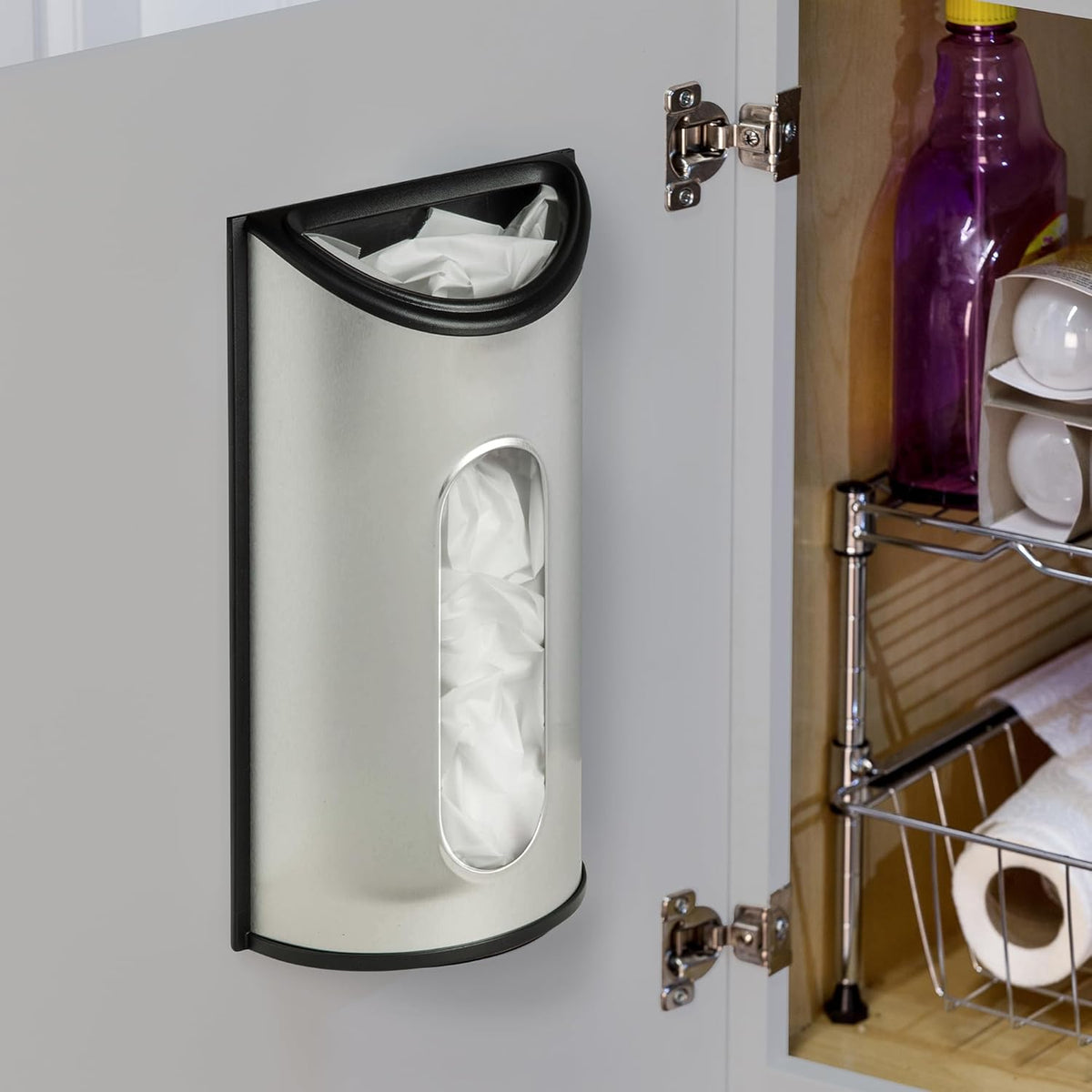 Stainless Steel Plastic Bag Saver & Trash Bag Dispenser, Wall-Mounted Plastic Bag Organizer for Kitchen, Pantry, Garage, Durable Stainless Steel Storage for Grocery Bags and Space-Saving