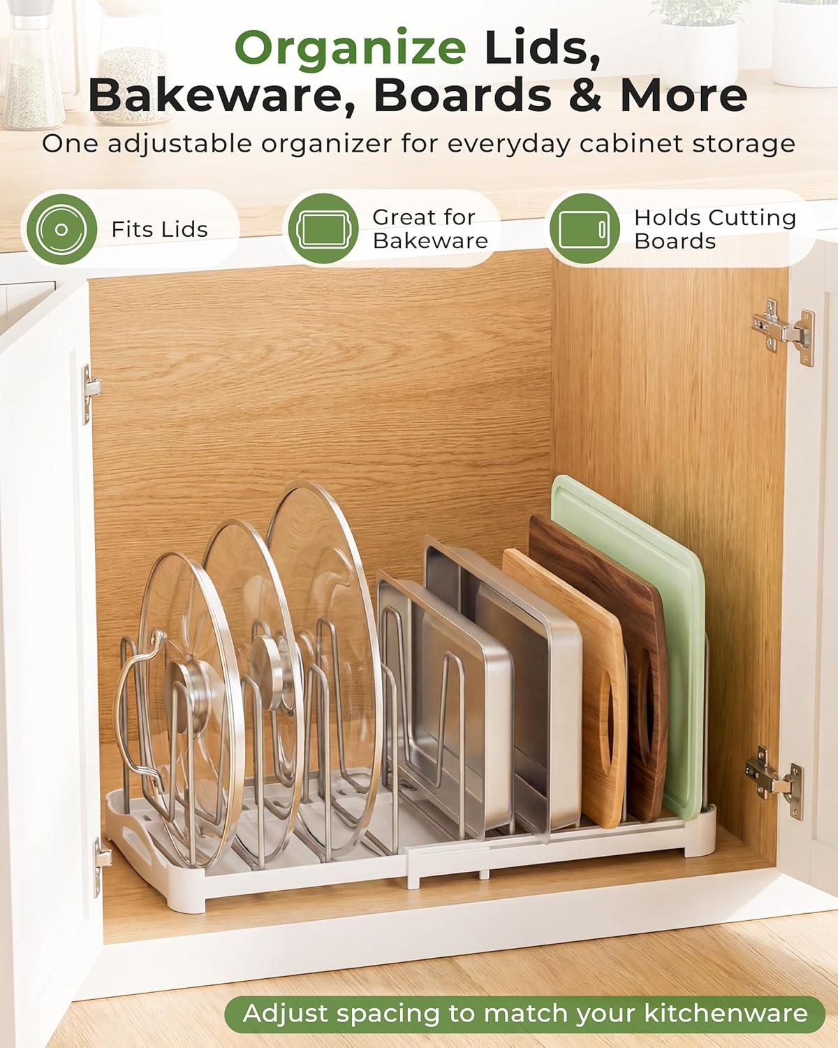 Pot Lid Organizer, Adjustable 12.6"-21.5" Bakeware Rack for Cabinet