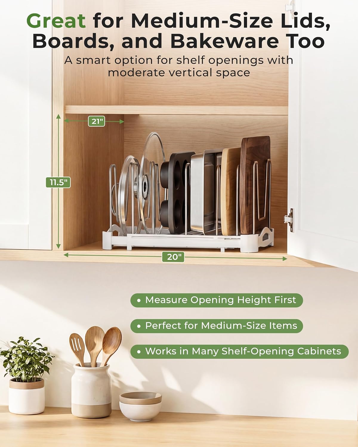 Pot Lid Organizer, Adjustable 12.6"-21.5" Bakeware Rack for Cabinet