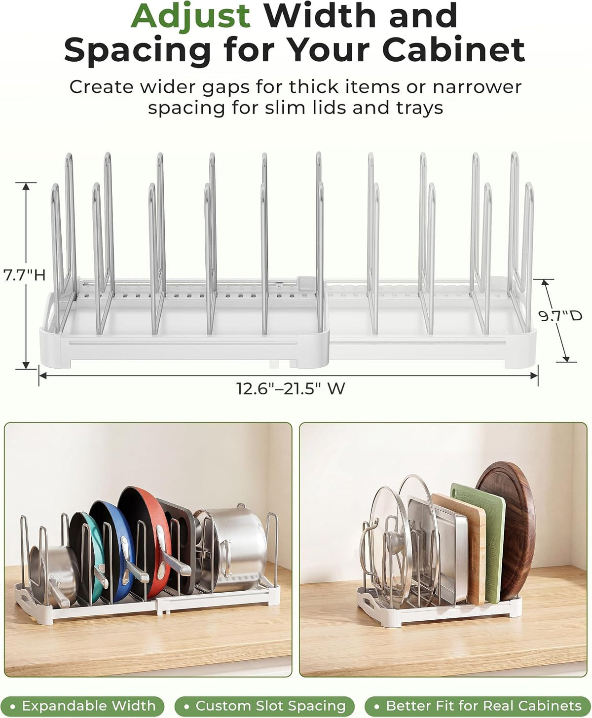 Pot Lid Organizer, Adjustable 12.6"-21.5" Bakeware Rack for Cabinet
