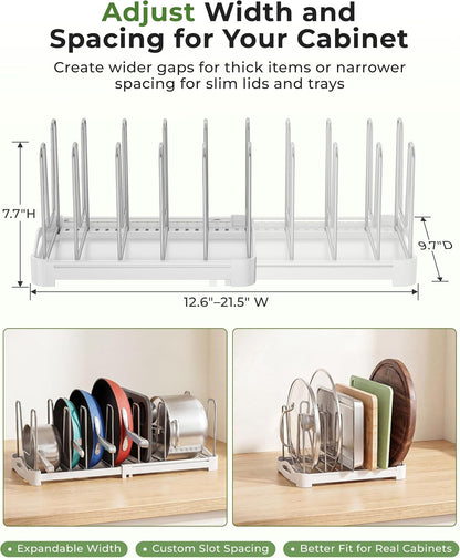 Pot Lid Organizer, Adjustable 12.6"-21.5" Bakeware Rack for Cabinet