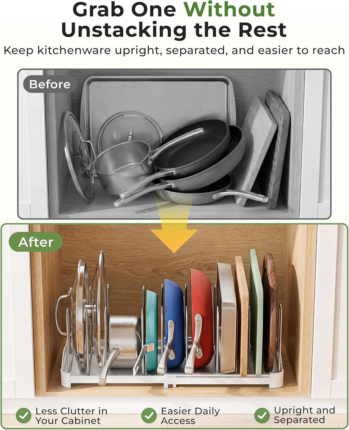 Pot Lid Organizer, Adjustable 12.6"-21.5" Bakeware Rack for Cabinet