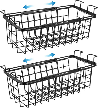 2 Pack Expandable Freezer Organizer Bins, Adjustable Wire Baskets for Chest Freezer, Deep Freezer Storage Bins with Hanging Handles, Expand from 15.6" to 24.3" (Black)