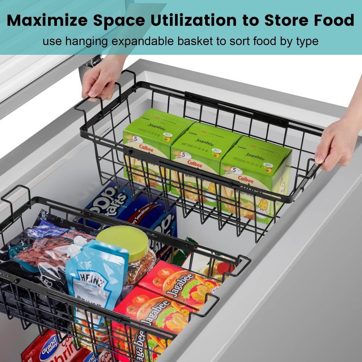 2 Pack Expandable Freezer Organizer Bins, Adjustable Wire Baskets for Chest Freezer, Deep Freezer Storage Bins with Hanging Handles, Expand from 15.6" to 24.3" (Black)