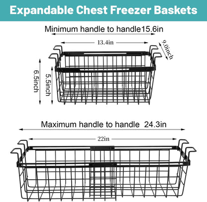2 Pack Expandable Freezer Organizer Bins, Adjustable Wire Baskets for Chest Freezer, Deep Freezer Storage Bins with Hanging Handles, Expand from 15.6" to 24.3" (Black)