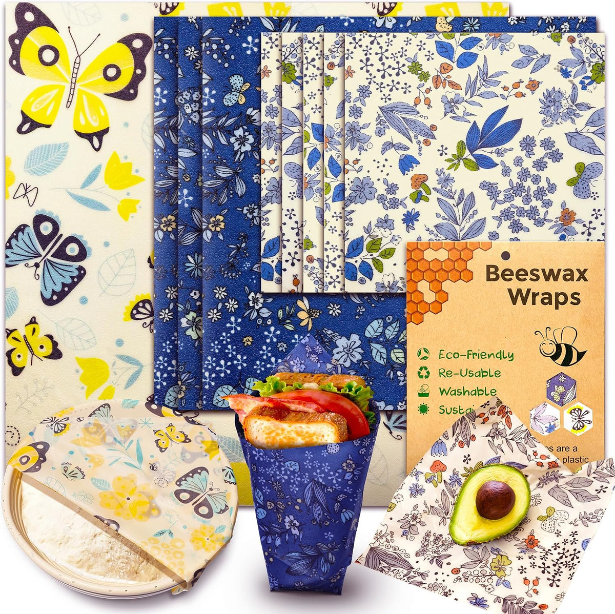 Reusable Beeswax Wrap for Food, 9 Pack Organic Cotton Beeswax Papers (1XL + 3M + 5S), Bread Sandwich Wrapper, Suitable for Bowls, Cheese, Reusable Plastic-Free Food Storage Wrap