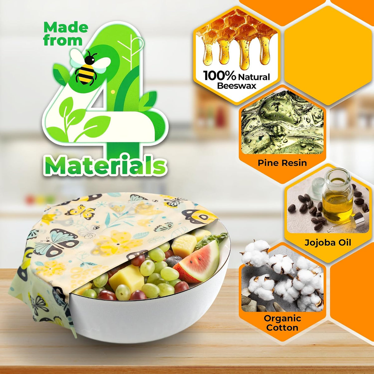 Reusable Beeswax Wrap for Food, 9 Pack Organic Cotton Beeswax Papers (1XL + 3M + 5S), Bread Sandwich Wrapper, Suitable for Bowls, Cheese, Reusable Plastic-Free Food Storage Wrap