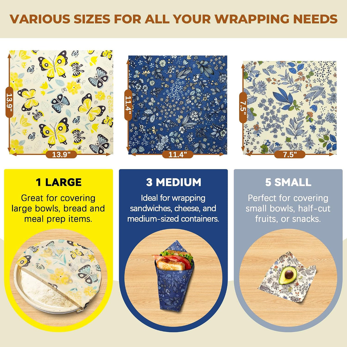 Reusable Beeswax Wrap for Food, 9 Pack Organic Cotton Beeswax Papers (1XL + 3M + 5S), Bread Sandwich Wrapper, Suitable for Bowls, Cheese, Reusable Plastic-Free Food Storage Wrap