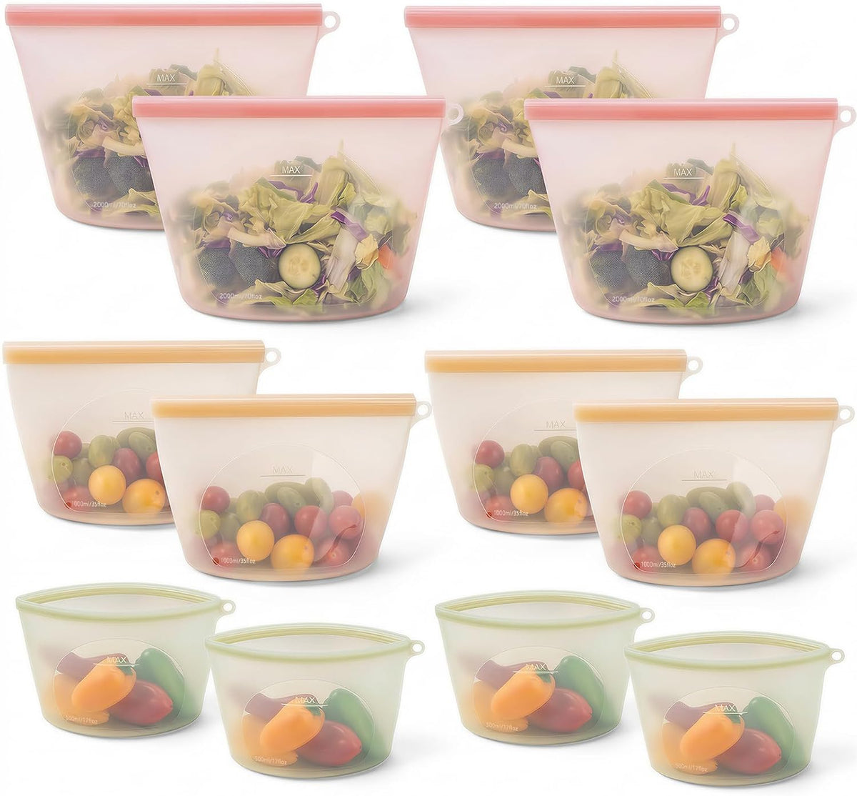 12-Packs Slider Reusable Silicone Food Storage Bags, 100% Silicone Stand-Up Wide-Open Leakproof Reusable Storage Bags for Food, Freezer Microwave Oven Dishwasher Safe, Eco-Friendly, Mixed 4L 4S 4XS