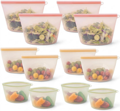 12-Packs Slider Reusable Silicone Food Storage Bags, 100% Silicone Stand-Up Wide-Open Leakproof Reusable Storage Bags for Food, Freezer Microwave Oven Dishwasher Safe, Eco-Friendly, Mixed 4L 4S 4XS