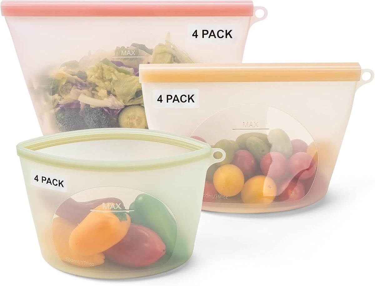 12-Packs Slider Reusable Silicone Food Storage Bags, 100% Silicone Stand-Up Wide-Open Leakproof Reusable Storage Bags for Food, Freezer Microwave Oven Dishwasher Safe, Eco-Friendly, Mixed 4L 4S 4XS