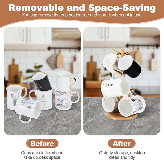 Bamboo Mug Tree Holder, Upgraded Screw Type 6 Hooks Coffee Mug Holders