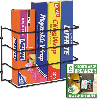 Kitchen Wrap Organizer - - Hold up to 4 Plastic, Foil, Paper, Wax - Cabinet Door, Wall Rack Basket - Sandwich, Freezer, Food Bag Storage - Laundry Supplies - Plastic Coated Metal
