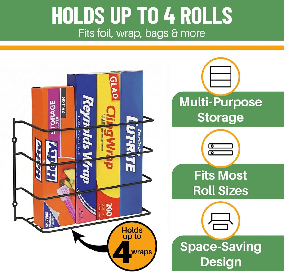 Kitchen Wrap Organizer - - Hold up to 4 Plastic, Foil, Paper, Wax - Cabinet Door, Wall Rack Basket - Sandwich, Freezer, Food Bag Storage - Laundry Supplies - Plastic Coated Metal