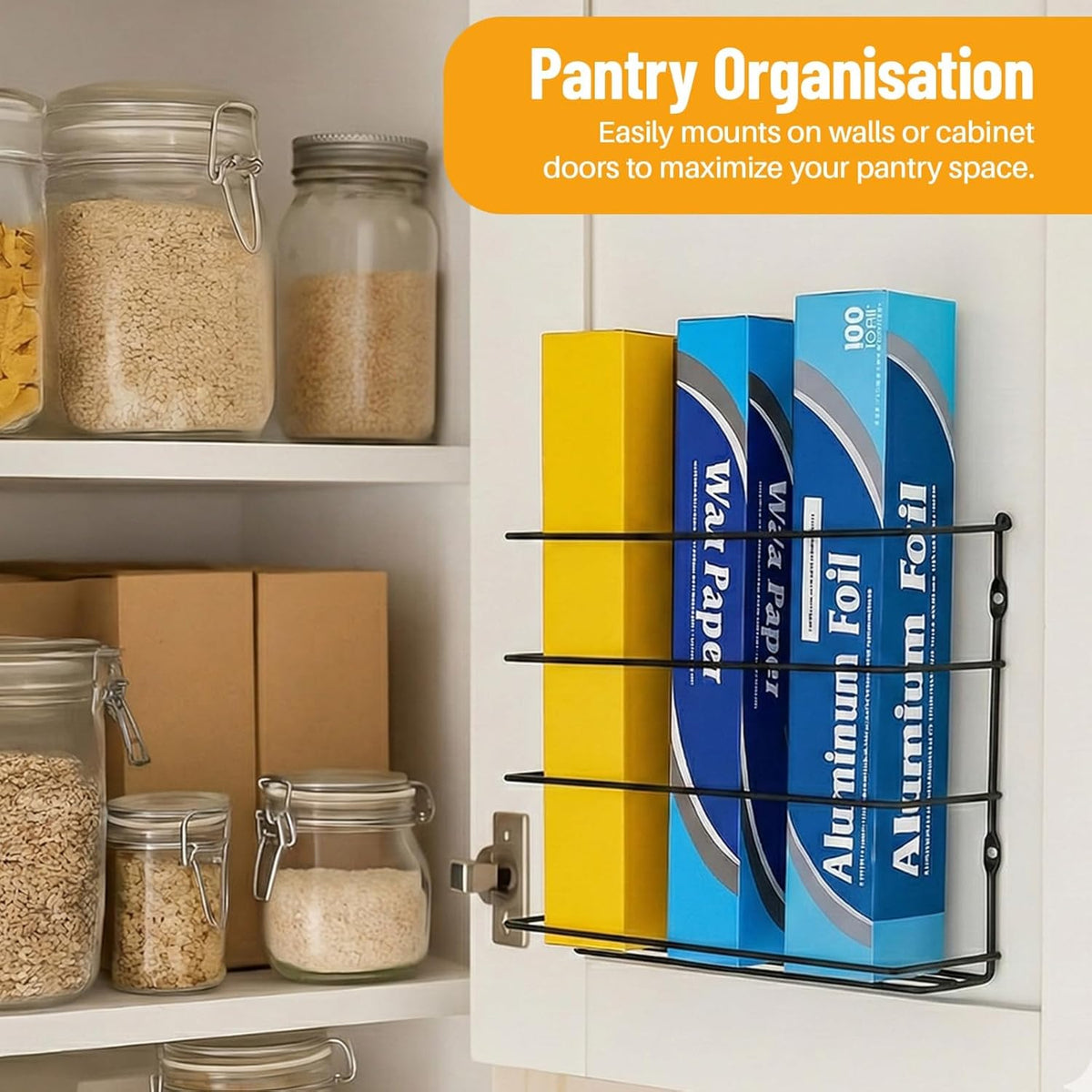 Kitchen Wrap Organizer - - Hold up to 4 Plastic, Foil, Paper, Wax - Cabinet Door, Wall Rack Basket - Sandwich, Freezer, Food Bag Storage - Laundry Supplies - Plastic Coated Metal