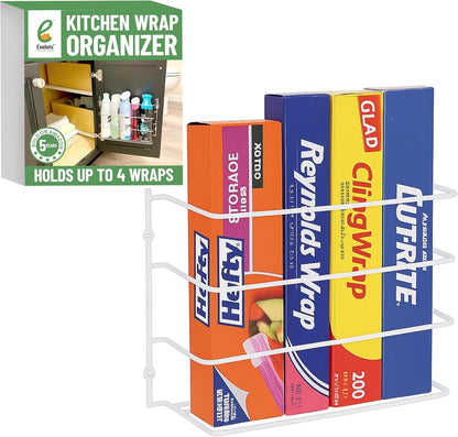 Kitchen Wrap Organizer - - Hold up to 4 Plastic, Foil, Paper, Wax - Cabinet Door, Wall Rack Basket - Sandwich, Freezer, Food Bag Storage - Laundry Supplies - Plastic Coated Metal
