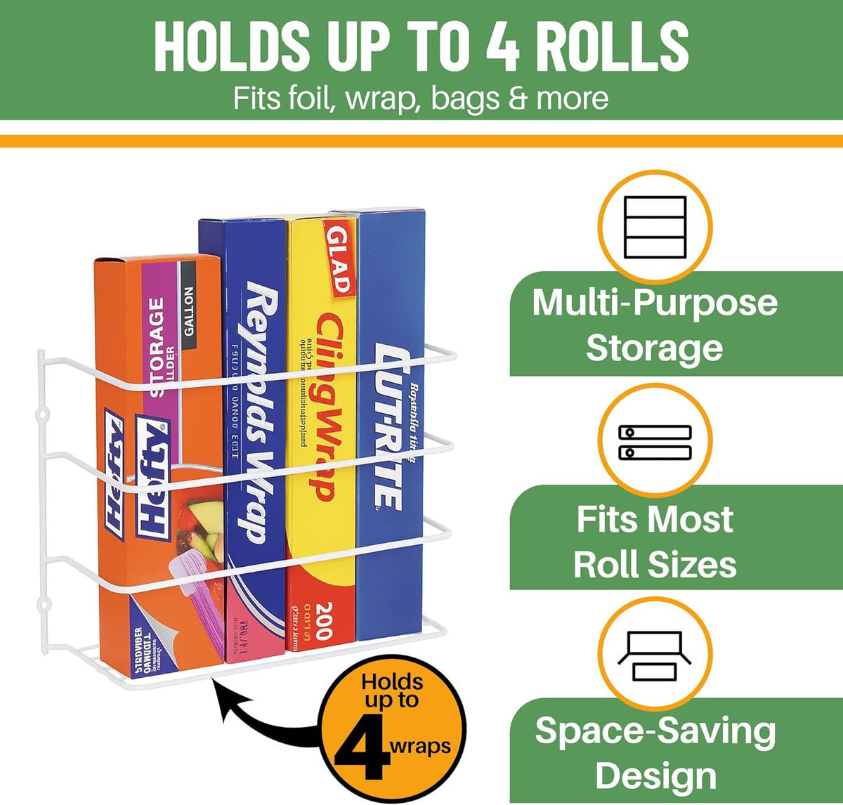 Kitchen Wrap Organizer - - Hold up to 4 Plastic, Foil, Paper, Wax - Cabinet Door, Wall Rack Basket - Sandwich, Freezer, Food Bag Storage - Laundry Supplies - Plastic Coated Metal