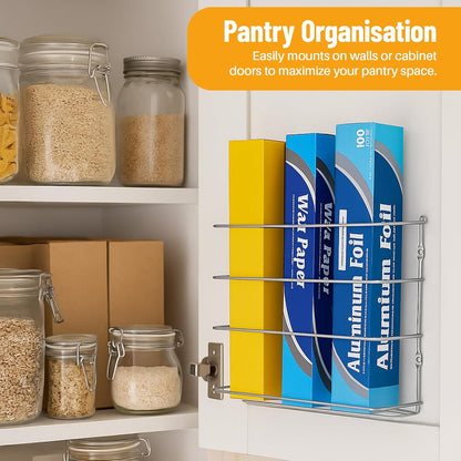 Kitchen Wrap Organizer - - Hold up to 4 Plastic, Foil, Paper, Wax - Cabinet Door, Wall Rack Basket - Sandwich, Freezer, Food Bag Storage - Laundry Supplies - Plastic Coated Metal