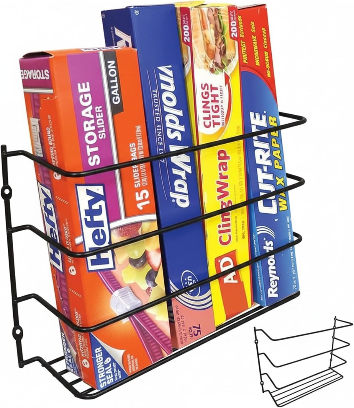 Kitchen Wrap Organizer - - Hold up to 4 Plastic, Foil, Paper, Wax - Cabinet Door, Wall Rack Basket - Sandwich, Freezer, Food Bag Storage - Laundry Supplies - Plastic Coated Metal