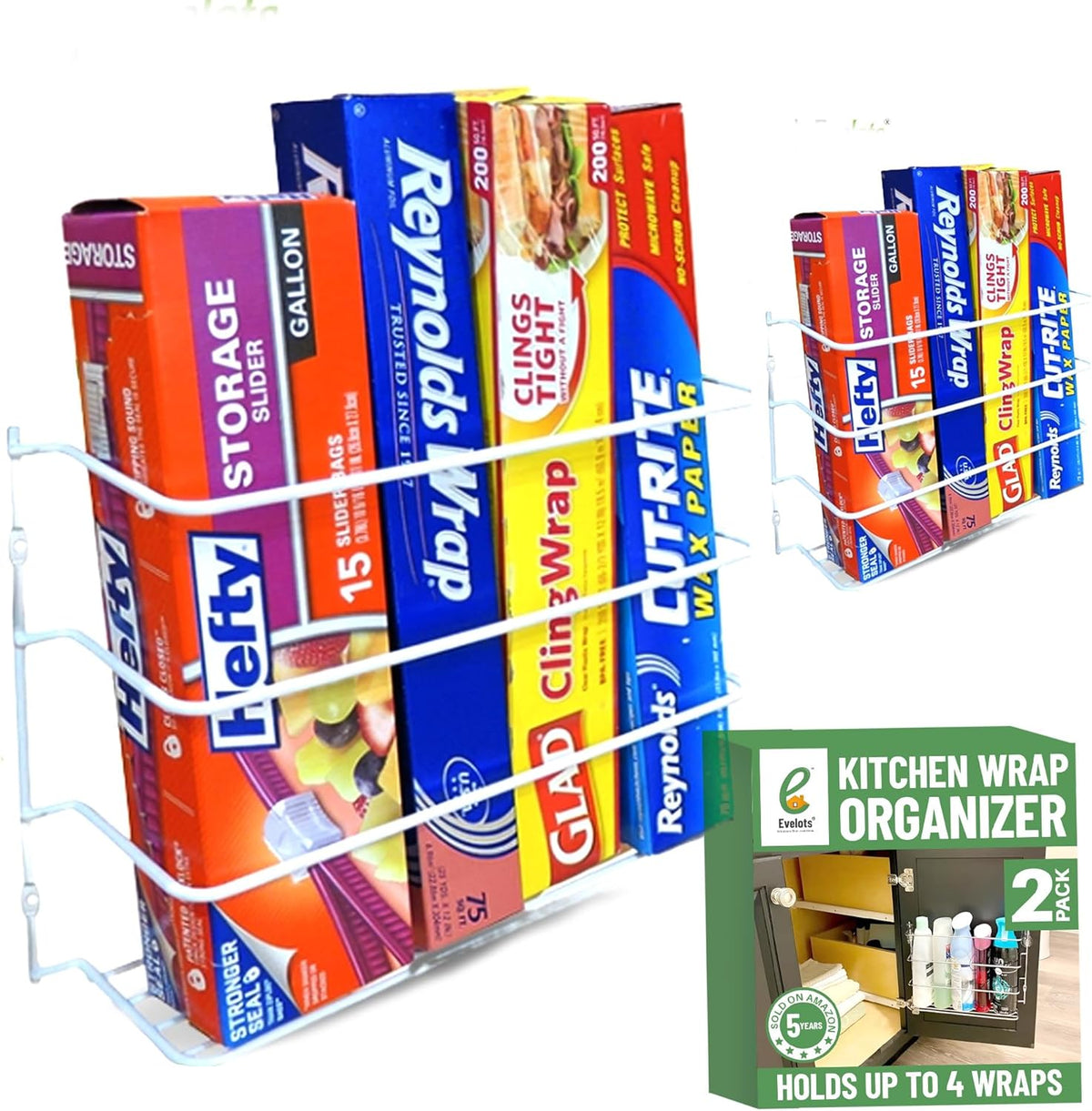 Kitchen Wrap Organizer - - Hold up to 4 Plastic, Foil, Paper, Wax - Cabinet Door, Wall Rack Basket - Sandwich, Freezer, Food Bag Storage - Laundry Supplies - Plastic Coated Metal