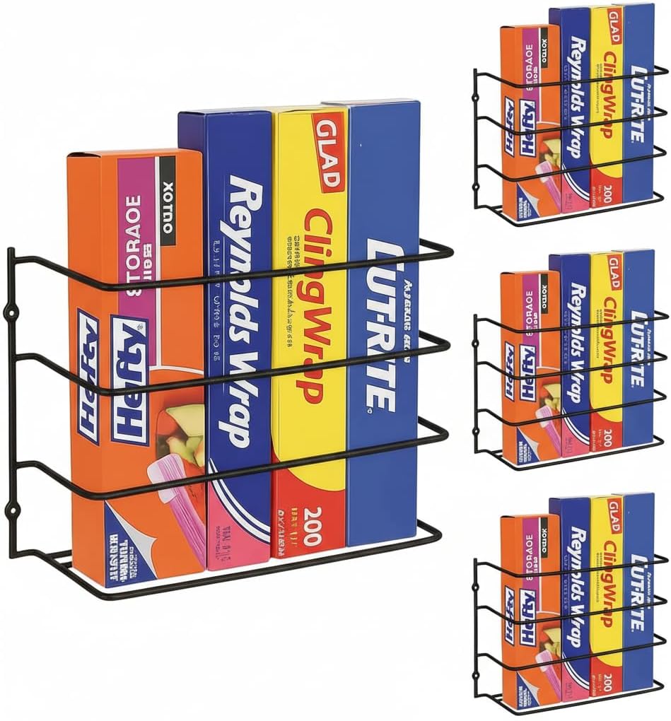 Kitchen Wrap Organizer - - Hold up to 4 Plastic, Foil, Paper, Wax - Cabinet Door, Wall Rack Basket - Sandwich, Freezer, Food Bag Storage - Laundry Supplies - Plastic Coated Metal