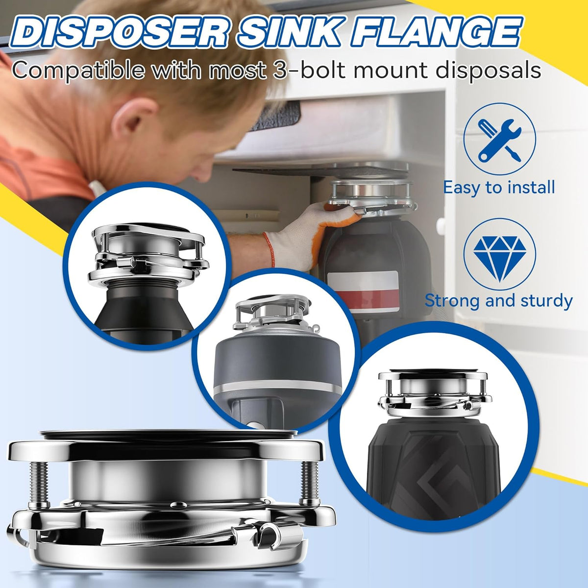 Garbage Disposal Flange Kit, Fit 3 1/2" Sink Drain Hole, Silver