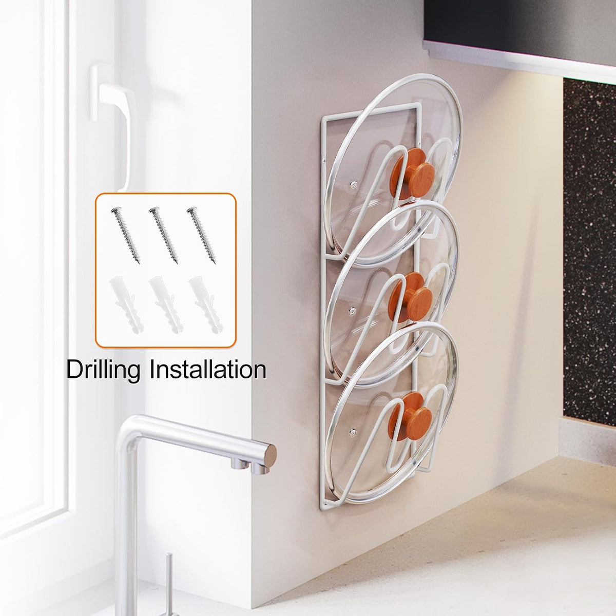 2 Pack Pot Lid Organizer, 6-Tier Lid Holder for Cabinet Door & Wall | Rustproof Metal Lid Organizer with No-Drill Adhesive Mounting for Pot and Pan Lids, Space-Saving Kitchen Storage, Black