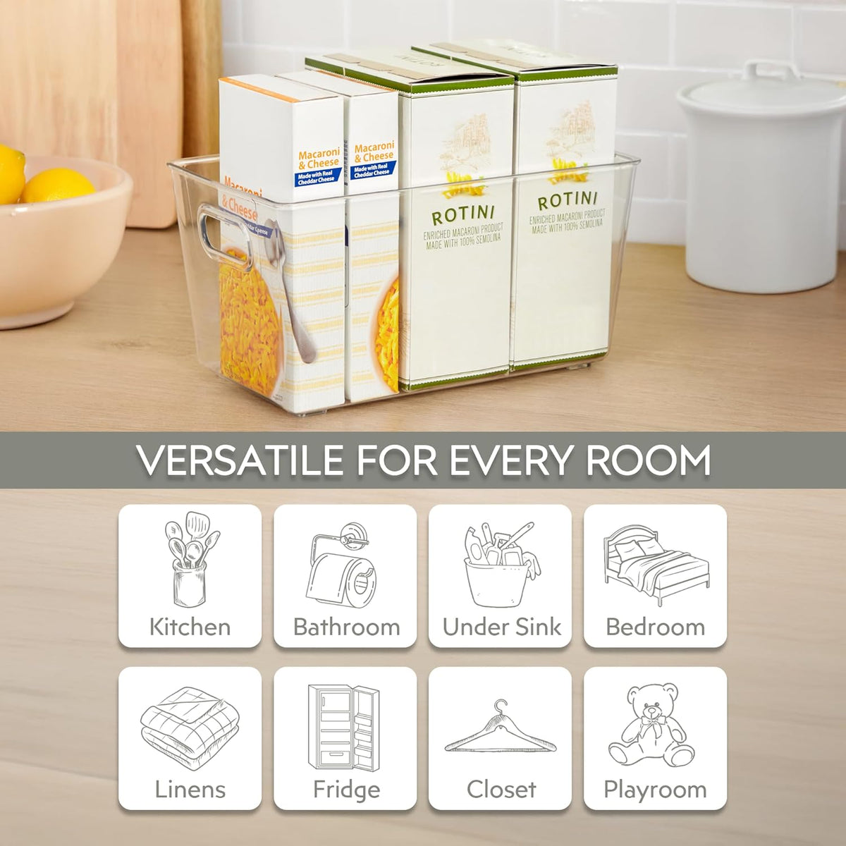 Set of 6 Clear Plastic Storage Bins With Handles, Containers To Organize Pantry, Fridge, Cabinet, Kitchen, Countertop, Closet, Cupboard, Home Organization and Storage