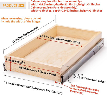 26''W x 21''D x 3''H Pull Out Cabinet Drawer Soft Close Slide Out Wood Organizer for Kitchen, Finished, Bottom and Side Assembly (Wood Drawer Part Width is 25inch)