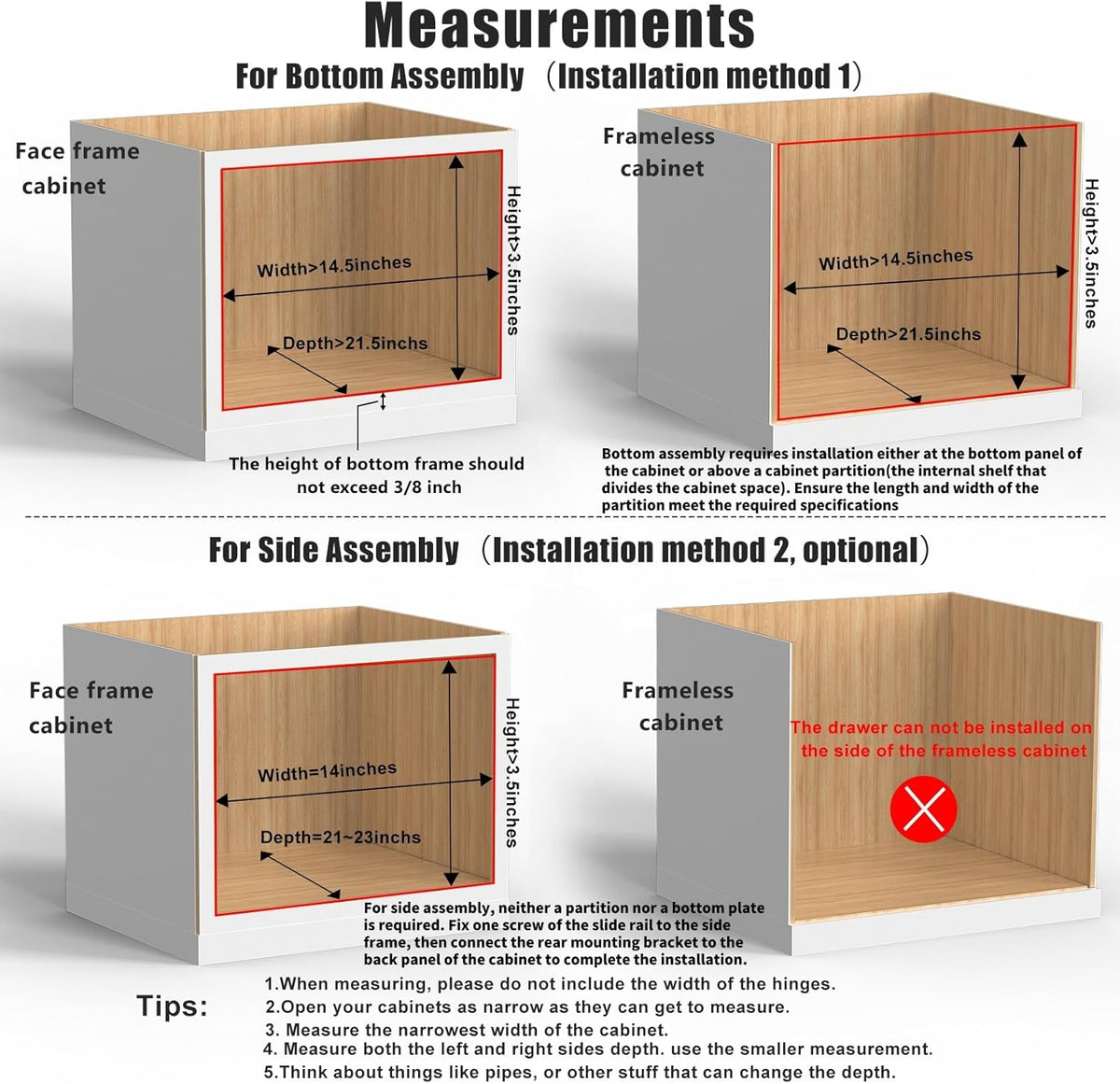 26''W x 21''D x 3''H Pull Out Cabinet Drawer Soft Close Slide Out Wood Organizer for Kitchen, Finished, Bottom and Side Assembly (Wood Drawer Part Width is 25inch)
