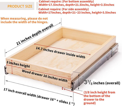 26''W x 21''D x 3''H Pull Out Cabinet Drawer Soft Close Slide Out Wood Organizer for Kitchen, Finished, Bottom and Side Assembly (Wood Drawer Part Width is 25inch)