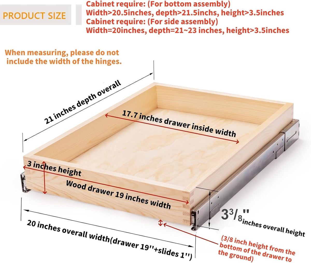 26''W x 21''D x 3''H Pull Out Cabinet Drawer Soft Close Slide Out Wood Organizer for Kitchen, Finished, Bottom and Side Assembly (Wood Drawer Part Width is 25inch)