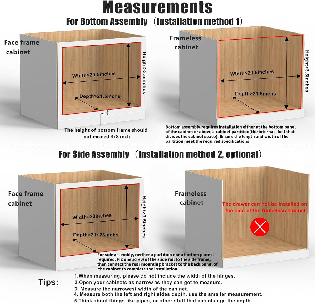 26''W x 21''D x 3''H Pull Out Cabinet Drawer Soft Close Slide Out Wood Organizer for Kitchen, Finished, Bottom and Side Assembly (Wood Drawer Part Width is 25inch)