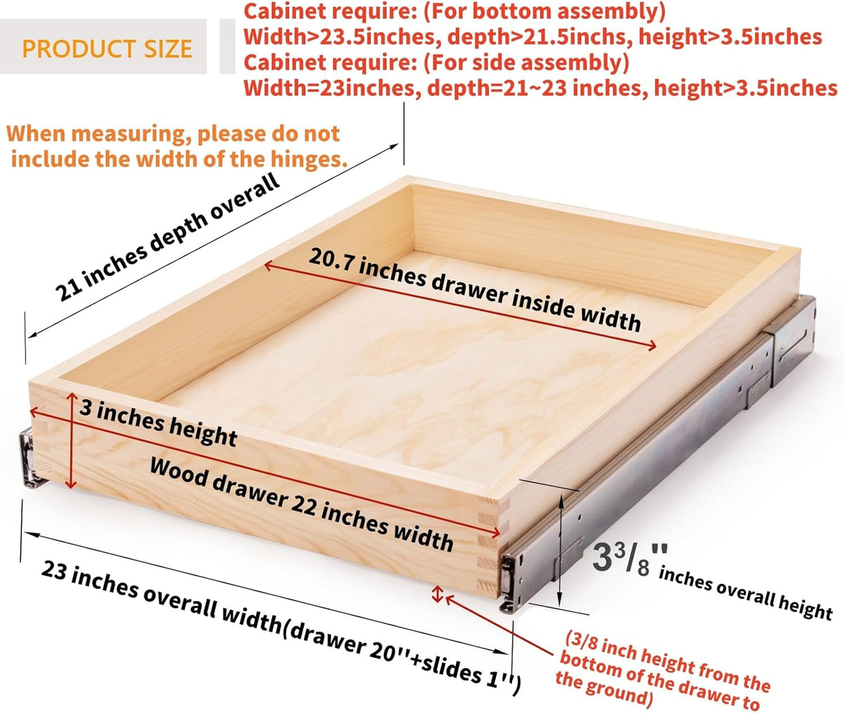 26''W x 21''D x 3''H Pull Out Cabinet Drawer Soft Close Slide Out Wood Organizer for Kitchen, Finished, Bottom and Side Assembly (Wood Drawer Part Width is 25inch)