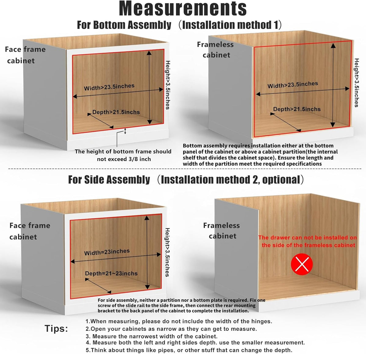 26''W x 21''D x 3''H Pull Out Cabinet Drawer Soft Close Slide Out Wood Organizer for Kitchen, Finished, Bottom and Side Assembly (Wood Drawer Part Width is 25inch)
