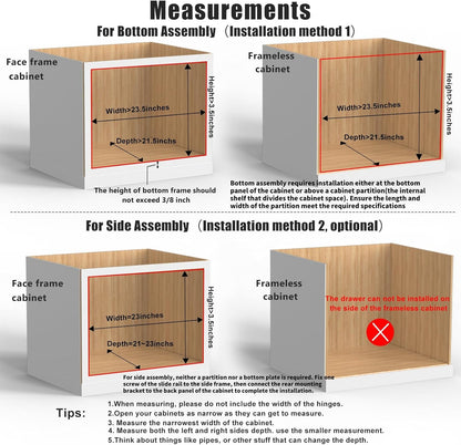 26''W x 21''D x 3''H Pull Out Cabinet Drawer Soft Close Slide Out Wood Organizer for Kitchen, Finished, Bottom and Side Assembly (Wood Drawer Part Width is 25inch)